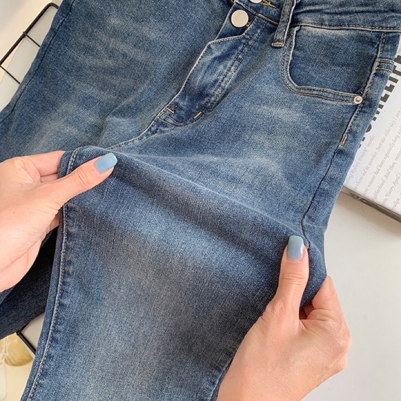 Quần jean Denim nữ Suông Quần bò đen lửng nữ Ống suông Cạp cao Lưng cao Ulzzang Thời trang Hàn Quốc