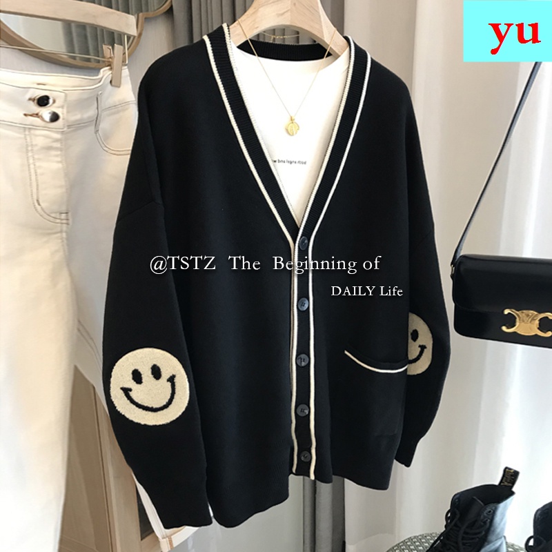 Áo Khoác Cardigan Dệt Kim Thêu Hình Mặt Cười Thời Trang Xuân Thu Cho Nữ