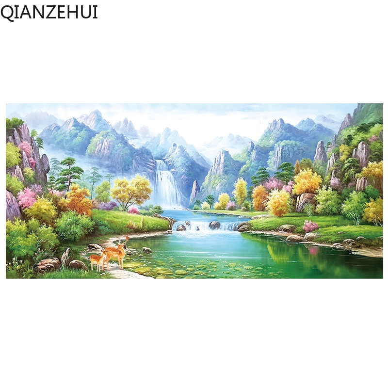 Bộ Tranh Thêu Chữ Thập diy 11ct Hình Phong Cảnh Núi Xanh Và Nước Xanh Lá Bằng cotton