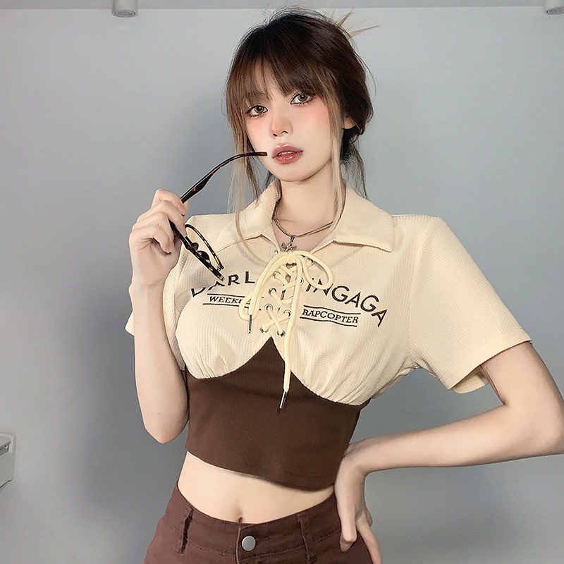 Mới Áo Thun Polo Dáng Ngắn Ôm Eo Phối Màu Tương Phản Kiểu retro Thời Trang Cho Bạn Gái Y2K