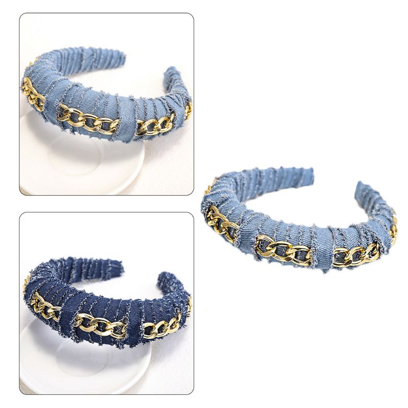 Băng Đô Vải Denim Bản Rộng Họa Tiết Kẻ Sọc Màu Sắc Trơn Phối Xích Kim Loại Kiểu Retro Cho Nữ