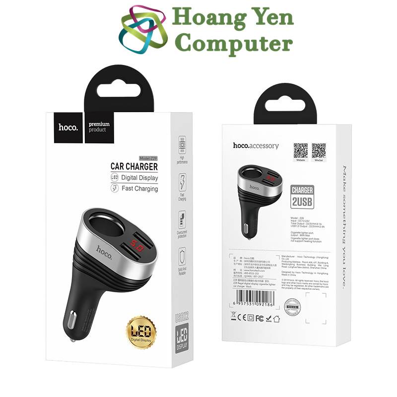 Cốc Sạc Xe Hơi Hoco Z29 1 Cổng Tẩu Sạc, 2 Cổng Sạc USB - BH 1 Năm - Hoàng Yến Computer