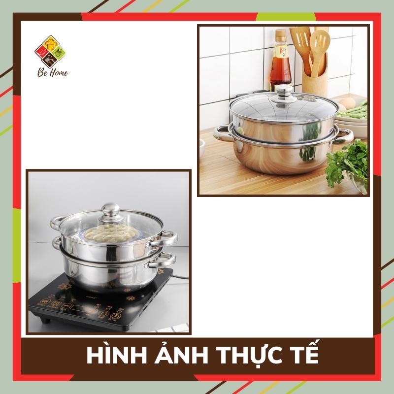 Nồi hấp 2 tầng inox BEHOME Nồi hấp inox Nắp Kính F28 Cm, Đa Năng, Hấp Bánh đa năng