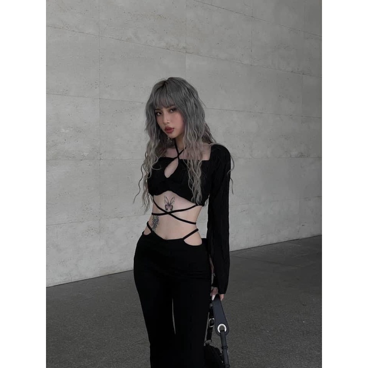 SÉT ÁO ĐAN DÂY CỔ YẾM + QUẦN ỐNG LOE MÀU ĐEN SIÊU SANG CHẢNH SEXY M020