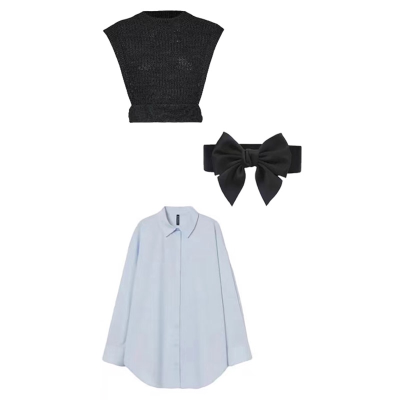 Blackpink Jennie Set Áo Sơ Mi Tay Dài Dáng Rộng Màu Đen + Áo Vest Len Sát Nách Đính Nơ Màu Đen