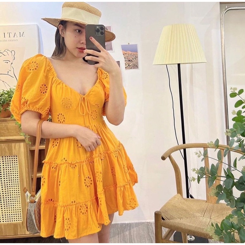 Váy ZR babydoll thêu hoa tay bồng cam