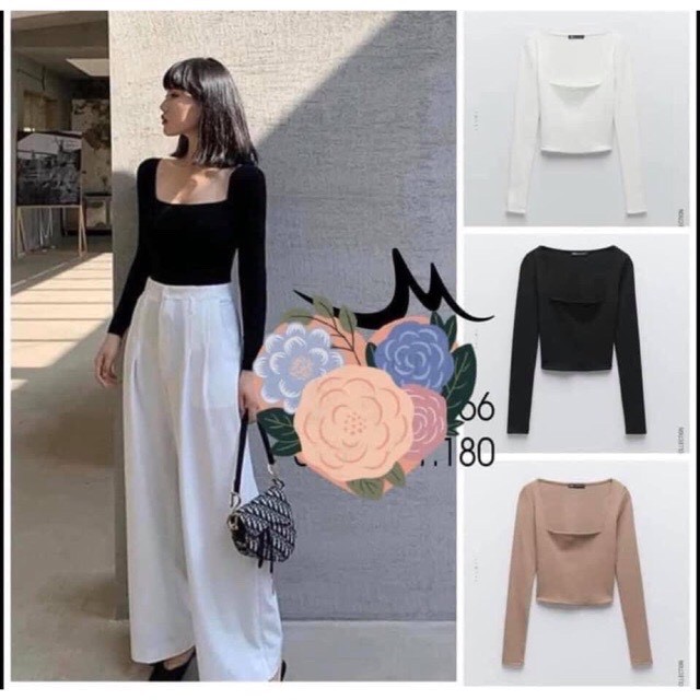 [ Mã WASTAPR giảm 10K đơn 50K] Áo thun nữ cổ vuông dài tay vải tăm co giãn dáng croptop | WebRaoVat - webraovat.net.vn