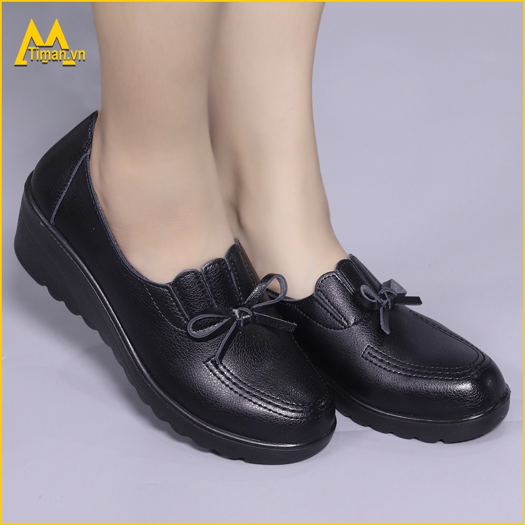 Giày lười nữ trung niên vải slip on da kiểu mọi đế cao màu trắng độn đế bảo hành 1 năm BN26 TIMAN