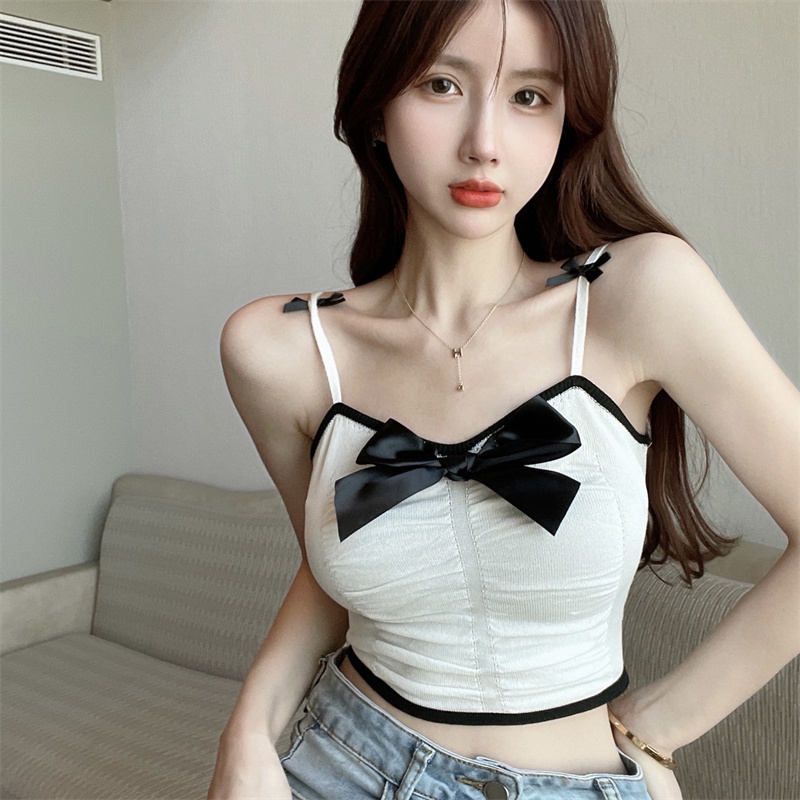 Áo Hai Dây Dáng Ngắn Phối Nơ Màu Tương Phản Thời Trang Mùa Hè Quyến Rũ