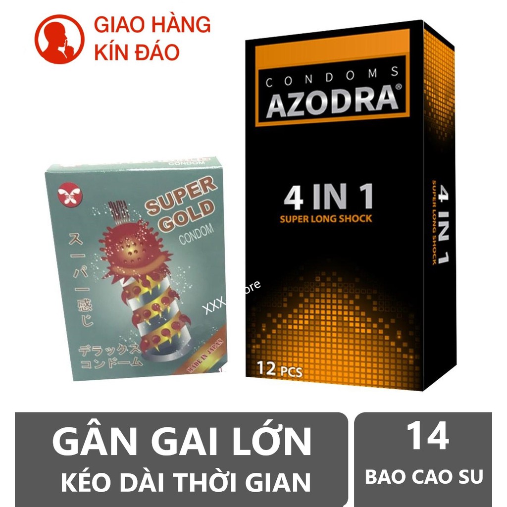 Combo 1 hộp bao cao su gân gai kéo dài thời gian AZODRA 12c tặng 1 hộp bcs gai lớn 2c