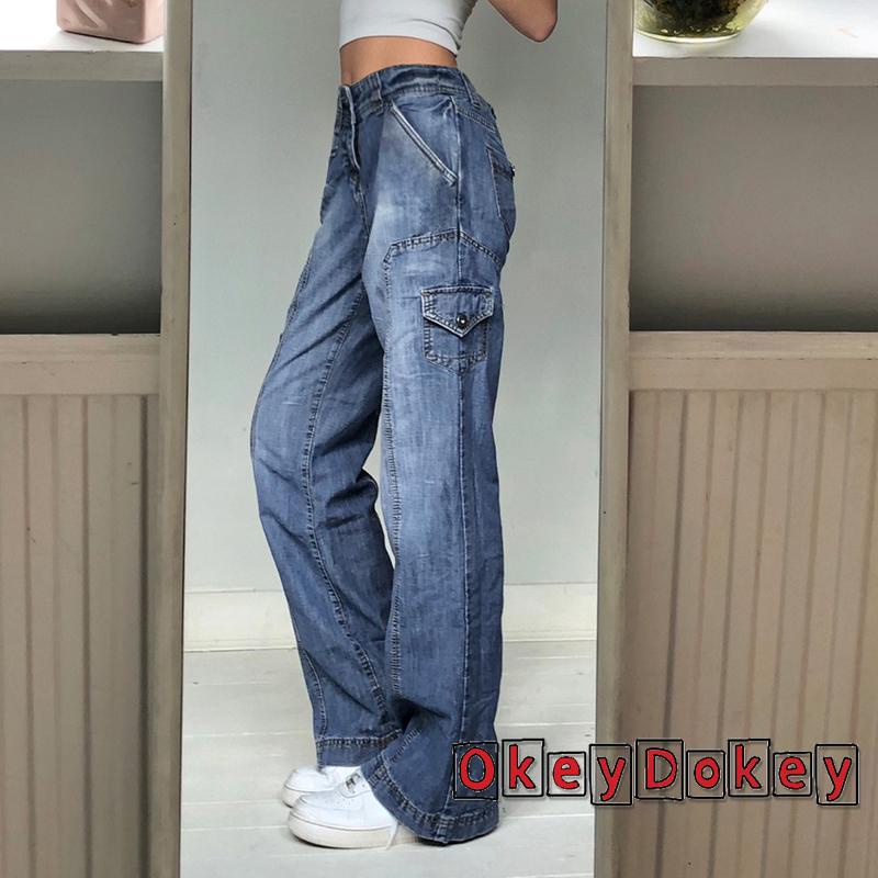 Quần jean nữ ống rộng lưng cao màu xanh trơn có túi