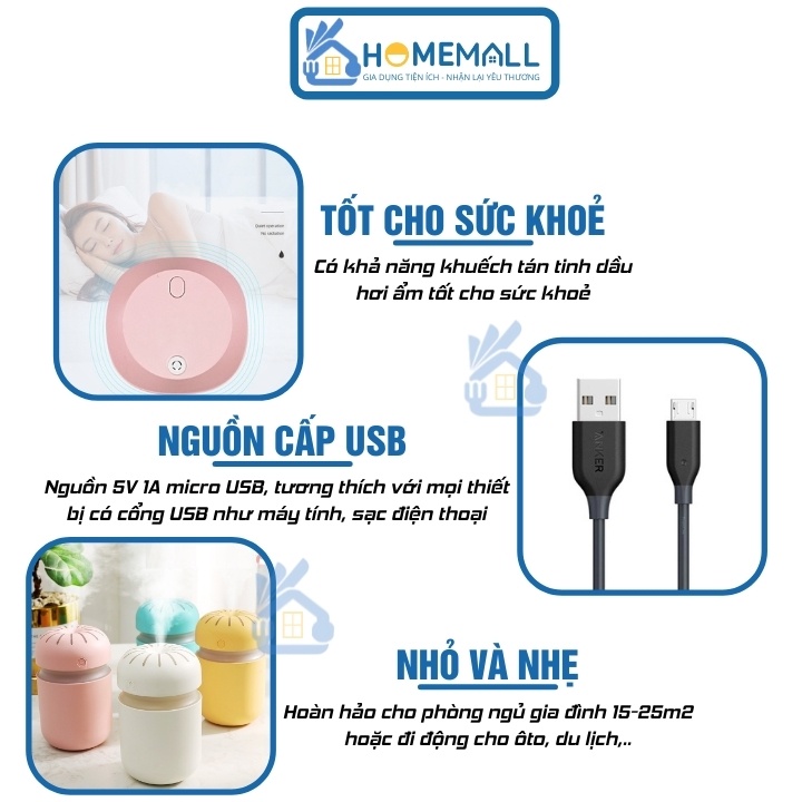 Máy phun sương tạo ẩm, máy xông tinh dầu hình nấm decor làm đèn ngủ tích hợp LED nhiều màu MX5