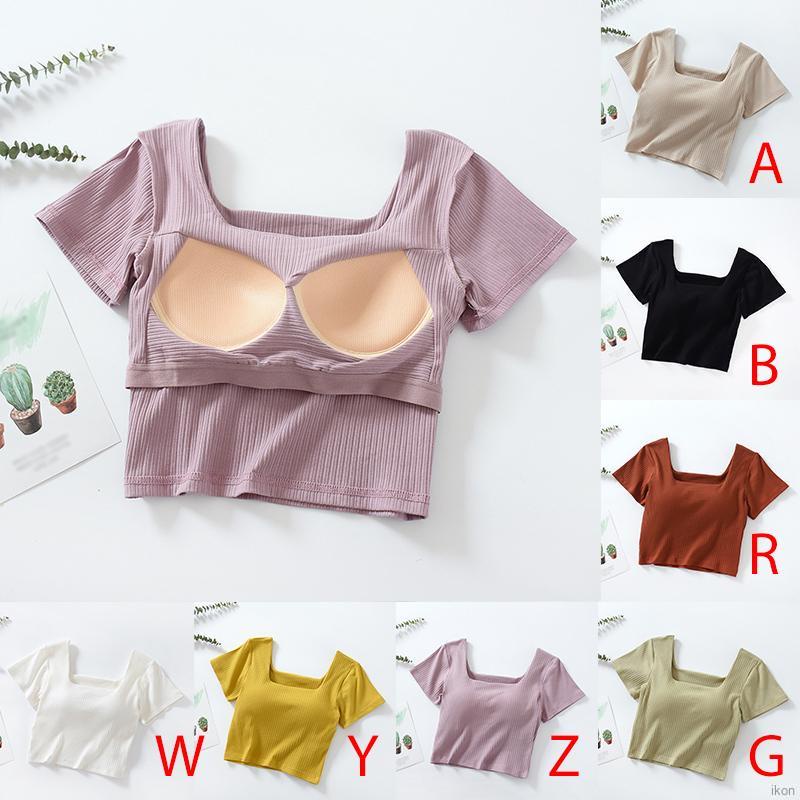Áo Thun Tay Ngắn Cổ Vuông Có Miếng Đệm Ngực Thời Trang Cho Nữ