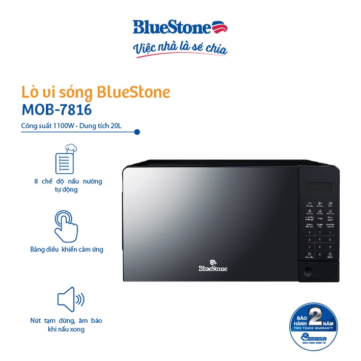 Lò vi sóng điện tử BlueStone MOB-7816 Dung tích 20L - Công suất 1100W - 8 chế độ nấu - bảo hành chính hãng 2 năm