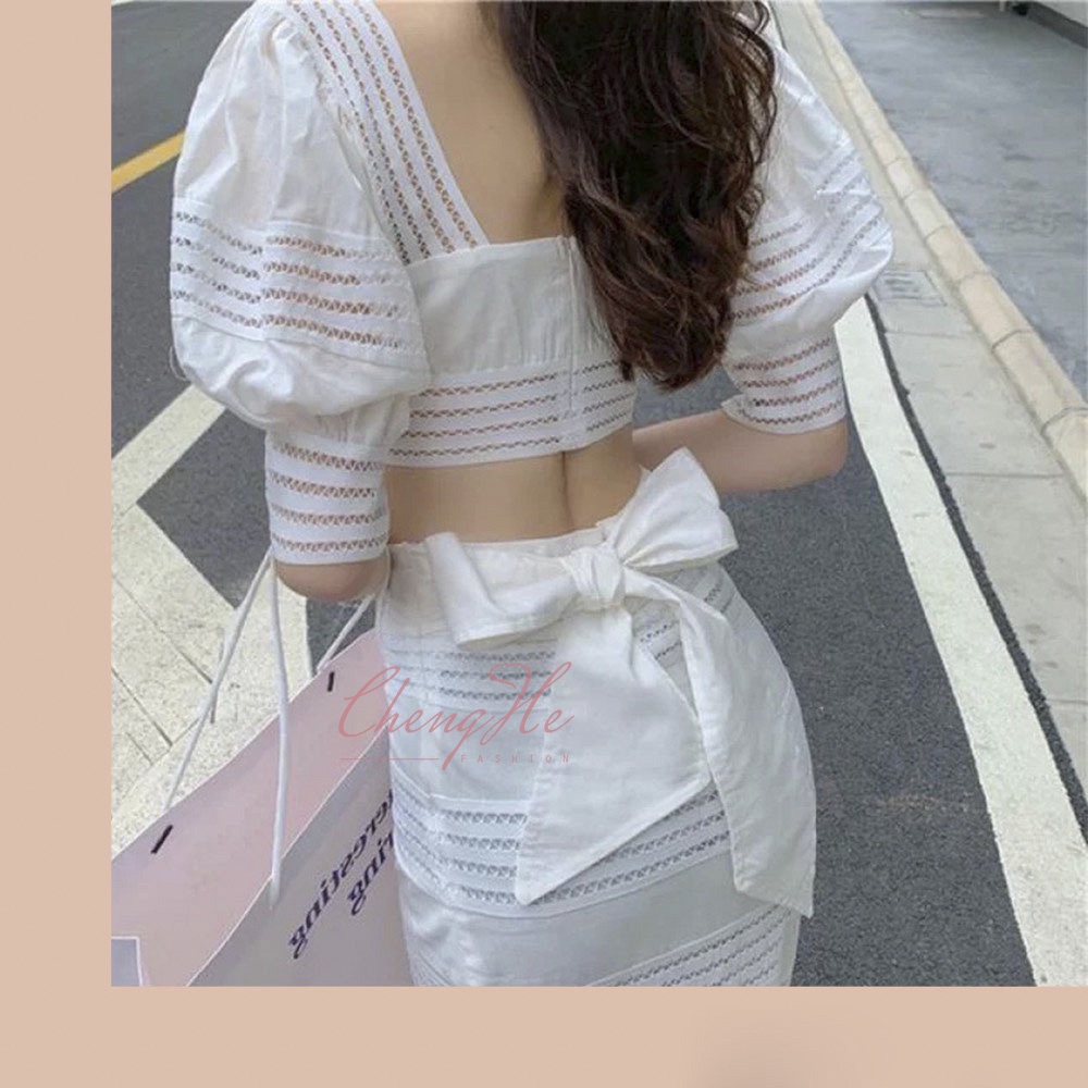 Set áo cổ vuông dáng lửng trắng mix chân váy đuôi cá dáng dài dạo phố xinh xắn S00023