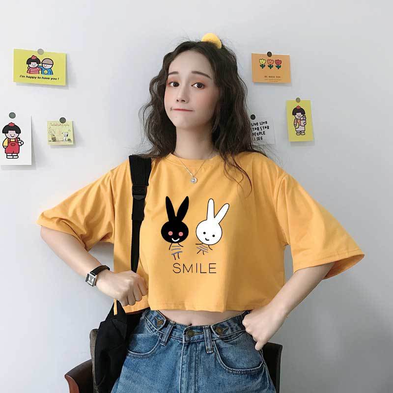 Áo Thun Crotop Form Rộng Tay Ngắn Chất Cotton Mền Mại In Hình Thỏ Smile Ulzzang Style Hàn Quốc TTT0116