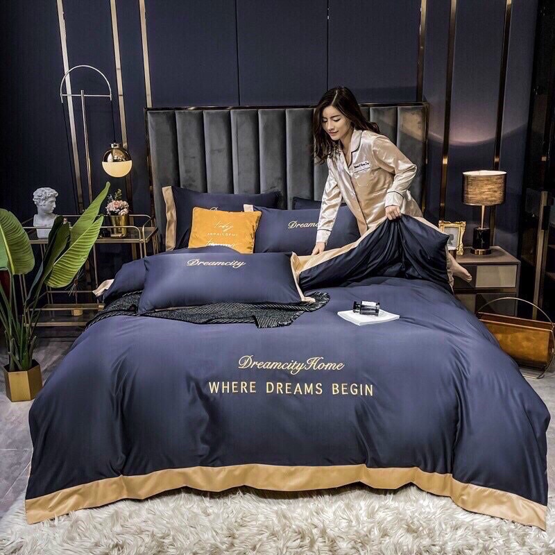 Set Phi Lụa Dream City 5 món chăn ga gối đơn sắc phối 2 màu hàng nhập khẩu sang trọng  để