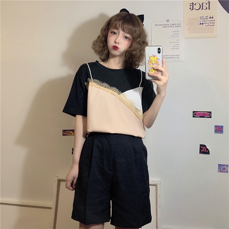 SUXI French Top Splicing Fashion Round Neck Cotton Short Sleeve Women's T-Shirt