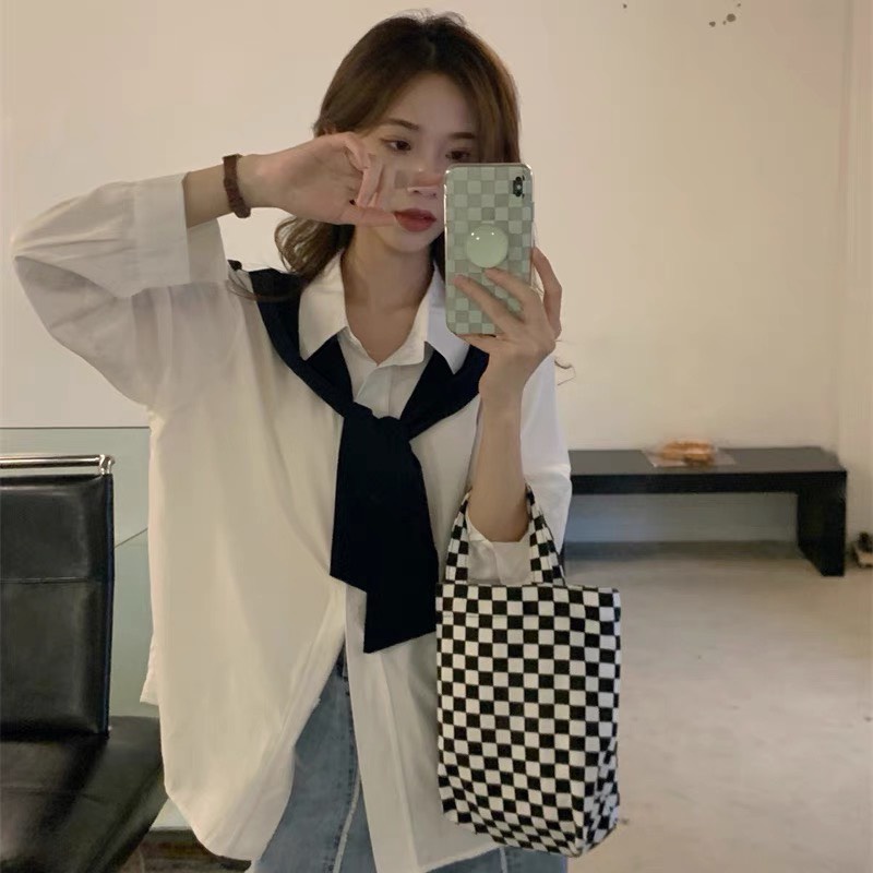 Áo sơ mi HQ kèm khăn liền áo, Áo kiểu cổ quàng khăn 4 màu phong cách đơn giản năng động thủy thủ