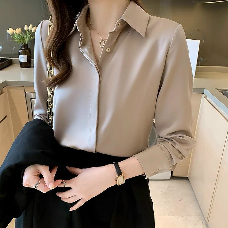 Áo lụa sơ mi nữ công sở đẹp thiết kế sang chảnh trơn dáng cơ bản nẹp dấu cúc thiết kế MQ Boutique