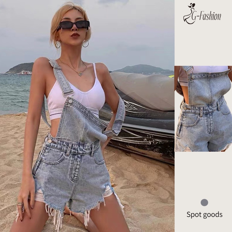 Quần yếm denim ngắn lưng cao rách mới Hàn quốc thời trang jumpsuit nữ