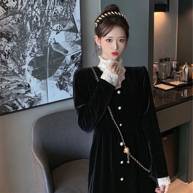 Đầm lửng phối ren kiểu Pháp thời trang mùa thu và mùa đông thanh lịch lộng lẫy cho nữ