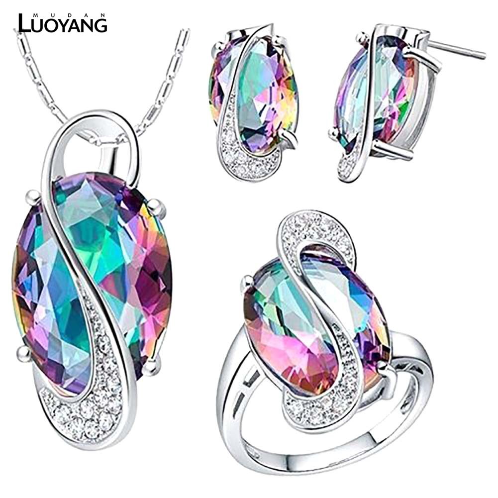 Set trang sức vòng cổ nhẫn mặt đá topaz cầu vồng Hàn Quốc