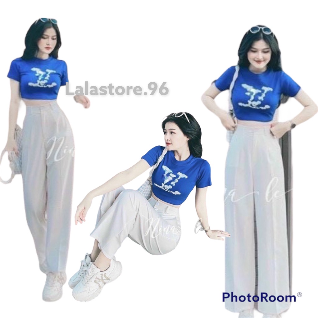 Áo thun nữ croptop tay ngắn màu xanh cổ tròn pc in chữ hiệu kiểu