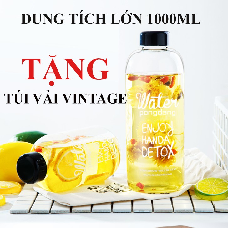 [ TẶNG TÚI VẢI VINTAGE] Bình Nước Dung Tích Lớn 1000ML phong cách tối giản