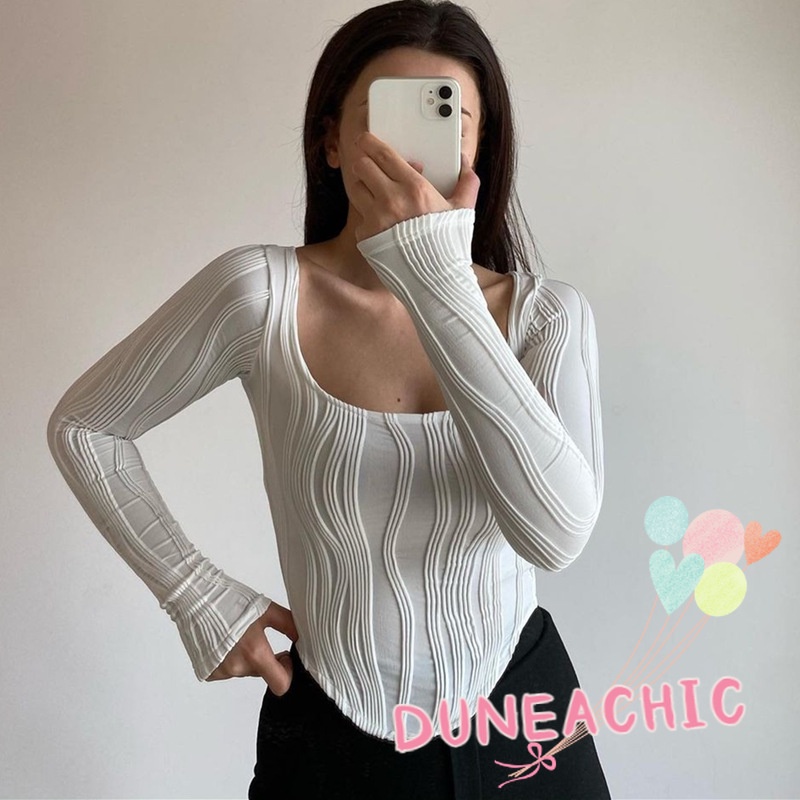 DUNEA Áo Sơ Mi Tay Dài Cổ Chữ U Xếp Ly Thời Trang Cho Nữ