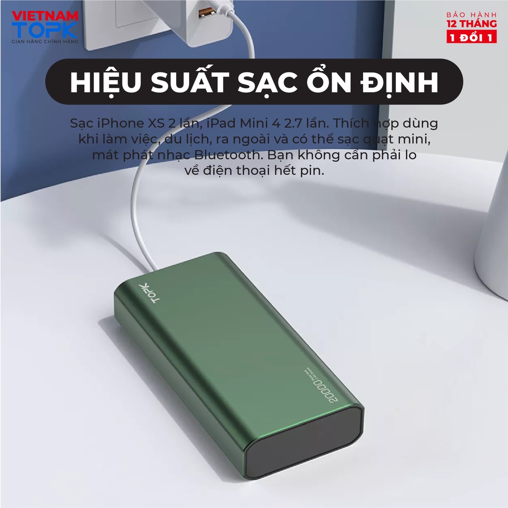 Sạc dự phòng 20000mAh TOPK I2006 Màn hình LED - 2 cổng ra - Hàng phân phối chính hãng - Bảo hành 12 tháng 1 đổi 1