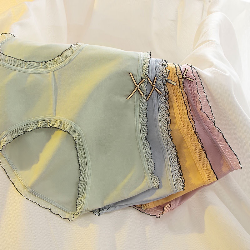 Quần Lót nữ Cotton Nguyên Chất Không Đường May Phối Ren Đính Nơ Nâng Hông Hông Không Đường May Kháng Khuẩn Thoải Mái Phong Cách Nhật Bản Quyến Rũ Cho Nữ