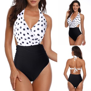 ❦woharyday❦Women Padded Sexy Dot Lace-up Print Backless Bikini Halter One Piece Swimwear