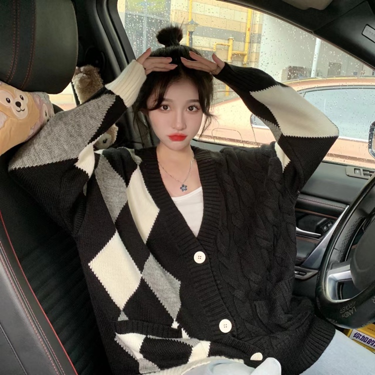 Áo khoác cardigan SUXI dệt kim tay dài dáng rộng in họa tiết kim cương phong cách vintage thời trang thu đông