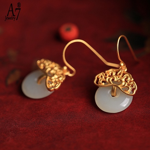 Bông Tai Bạc A7 Đính Đá Ngọc Bích Trắng Phong Cách Retro Trung Quốc