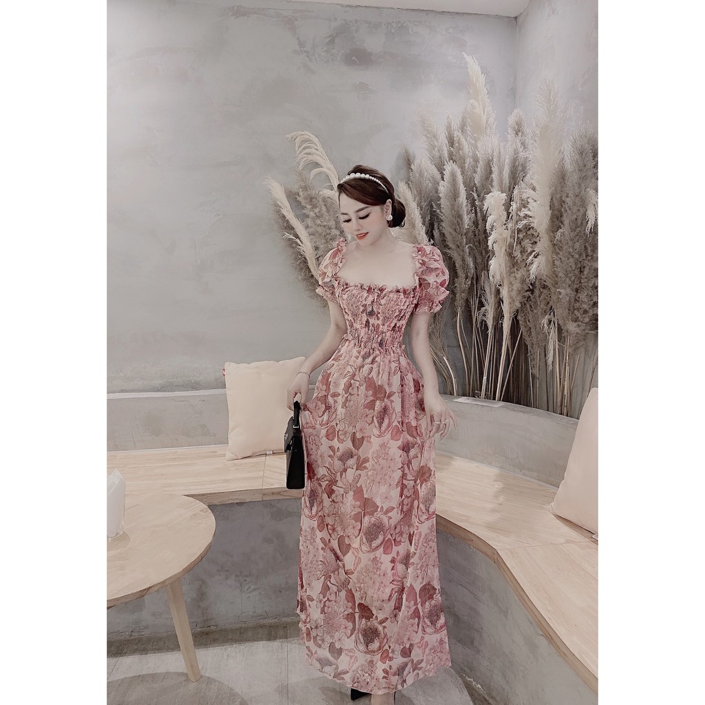 Đầm Maxi Hoa Cổ Vuông, Tay Ngắn Phồng, Nhún Ngực Chun Eo Ren Bèo, Dán suông (ECH012) - Vải Voan - 3 Màu Xanh, Hồng, Nude | BigBuy360 - bigbuy360.vn