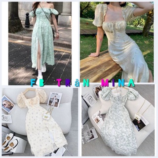 Đầm hoa nhí vintage nhún ngực thắt nơ phom dài
