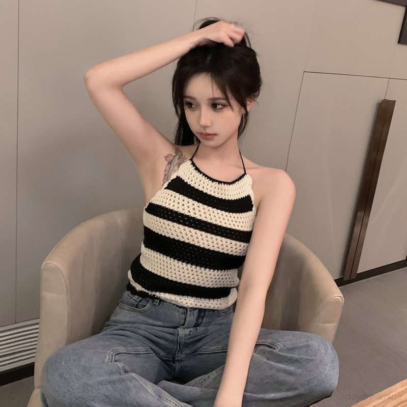 Áo Hai Dây Dệt Kim Kẻ Sọc Thoáng Khí Phong Cách Hàn Quốc