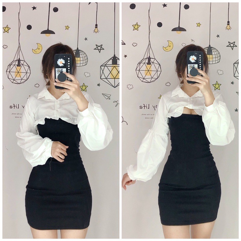 set váy ulzzang hai dây body áo sơmi croptop bèo