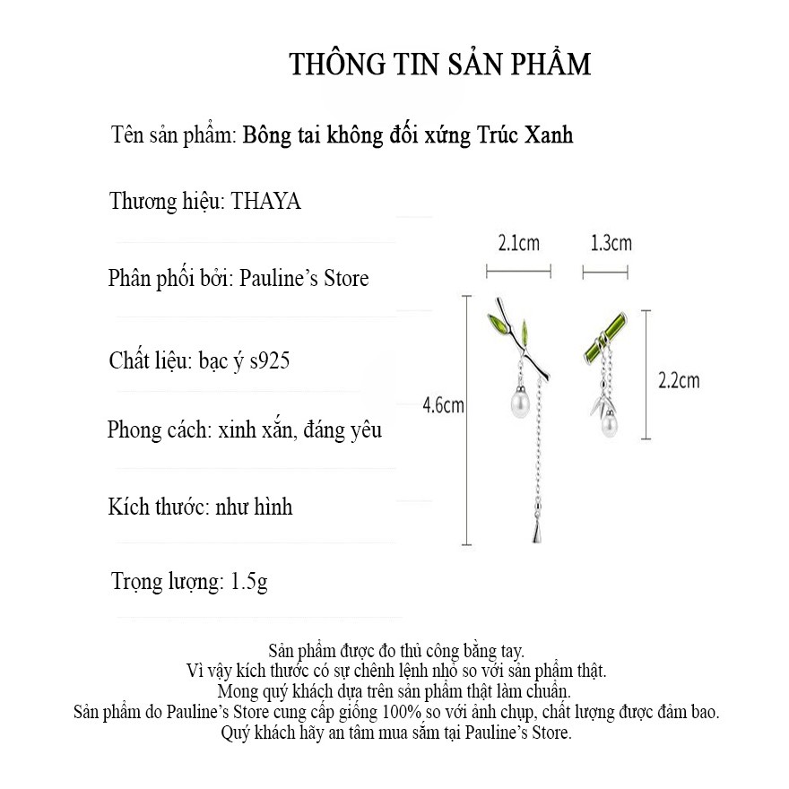 Pauline’s Store - Bông tai nữ dáng dài không đối xứng Trúc Xanh