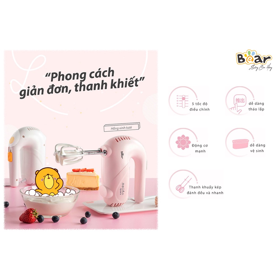 Máy đánh trứng mini cầm tay Bear A01G1, động cơ 125W đánh bông nhanh chóng tích hợp 5 chế độ, BH 18 tháng