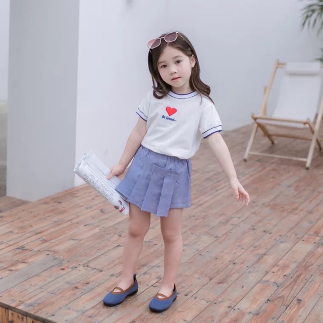 Bộ áo cotton váy kẻ thô