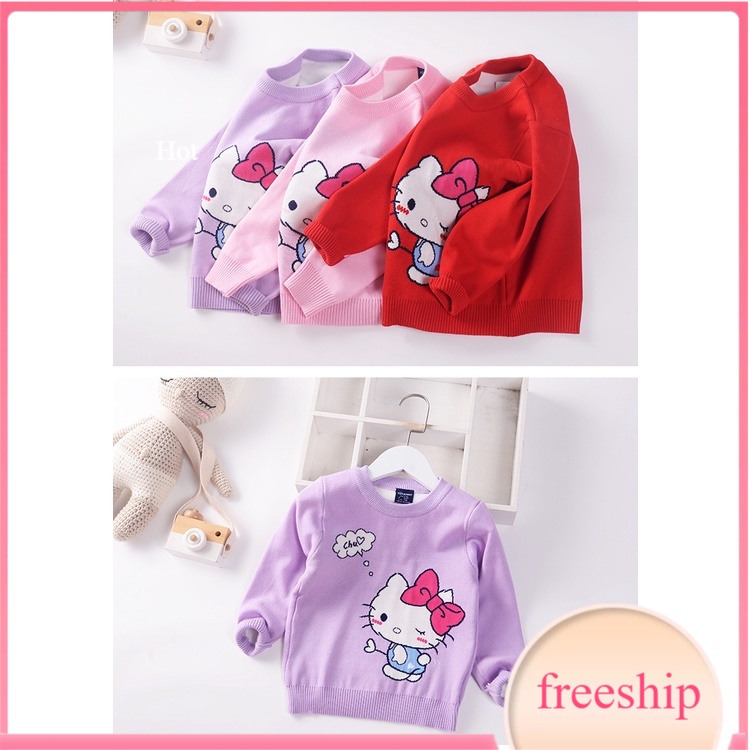 Áo ấm trẻ em dài tay 3-9 tuổi 2 lớp hình kitty nhiều màu, Áo len cho bé gái xuất Hàn đanh sợi không bai xù