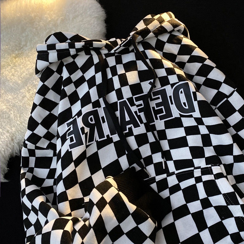 Áo khoác hoodie dáng rộng họa tiết sọc caro phong cách hip hop cá tính
