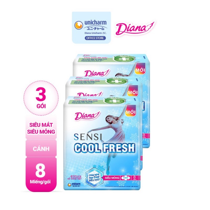 Bộ 3 gói Băng vệ sinh Diana SenSi Cool Fresh siêu mỏng cánh gói 8 miếng