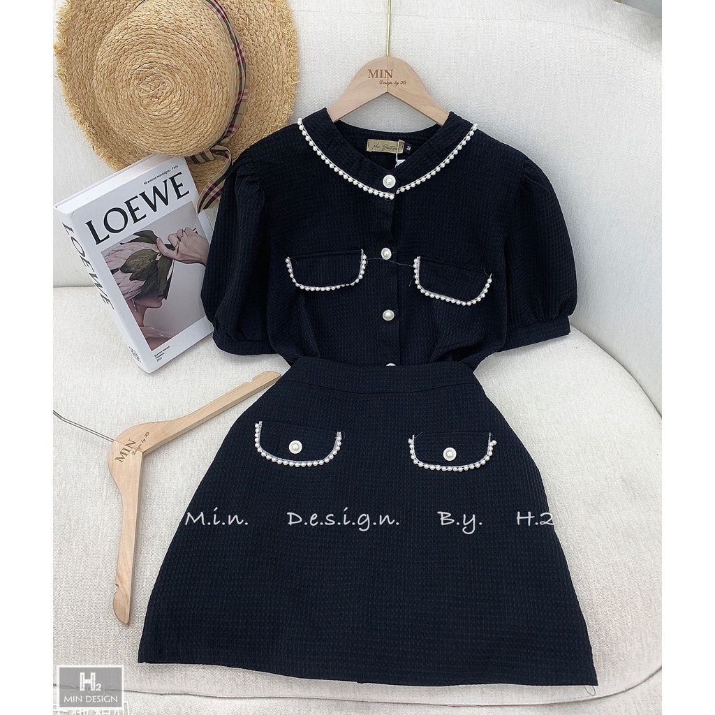 Sét bộ tay bồng viền ngọc chân váy chữ A tôn dáng