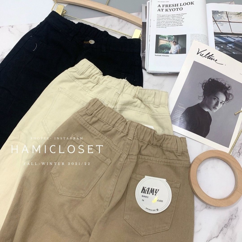 Quần baggy jeans kaki ống đứng kiểu dáng trơn basic chun sau phong cách đơn giản vintage