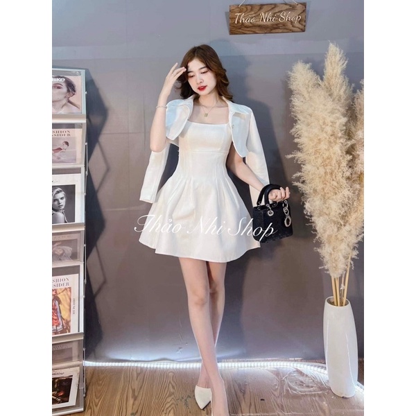 [ 𝐅𝐑𝐄𝐄 𝐒𝐇𝐈𝐏 ] SET ĐẦM CHIẾT EO TRẮNG MIX KHOÁC CROPTOP CÀI NÚT