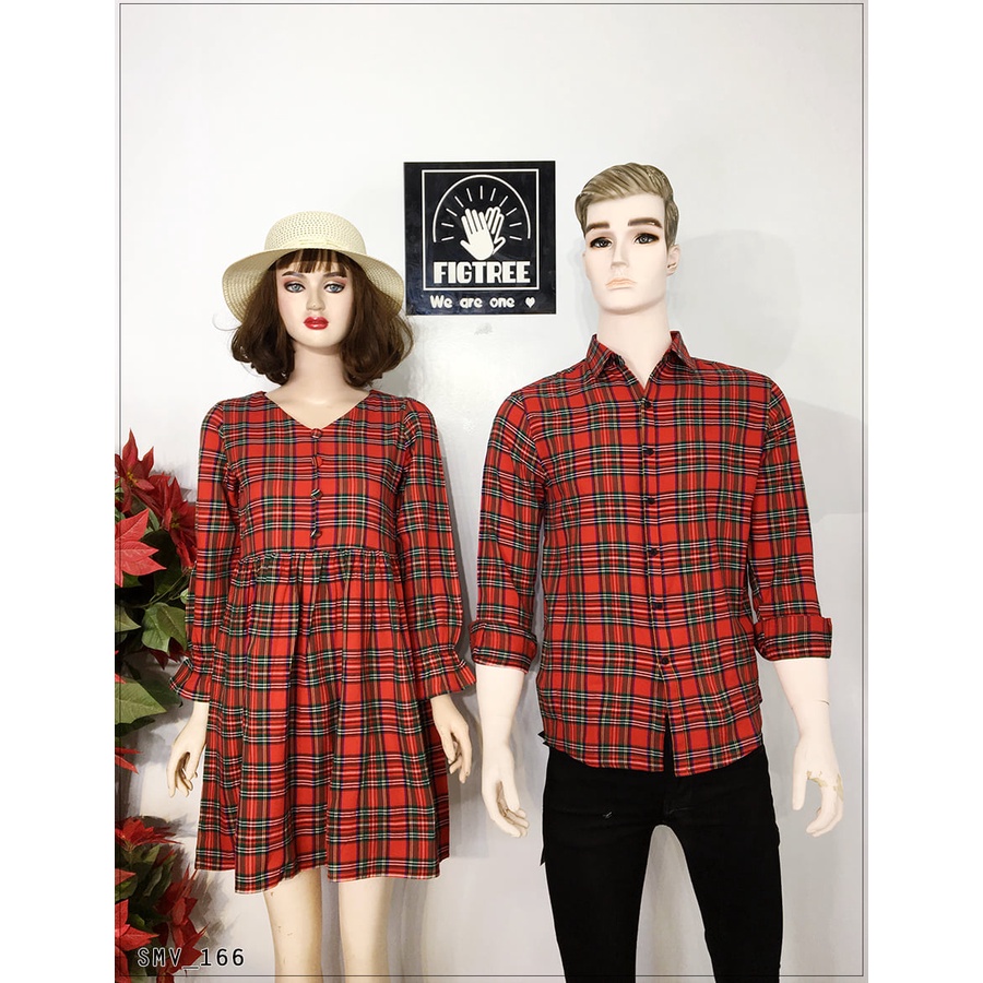 Set áo sơ mi váy đôi sọc caro tông đỏ đón noel cực hot MS 166