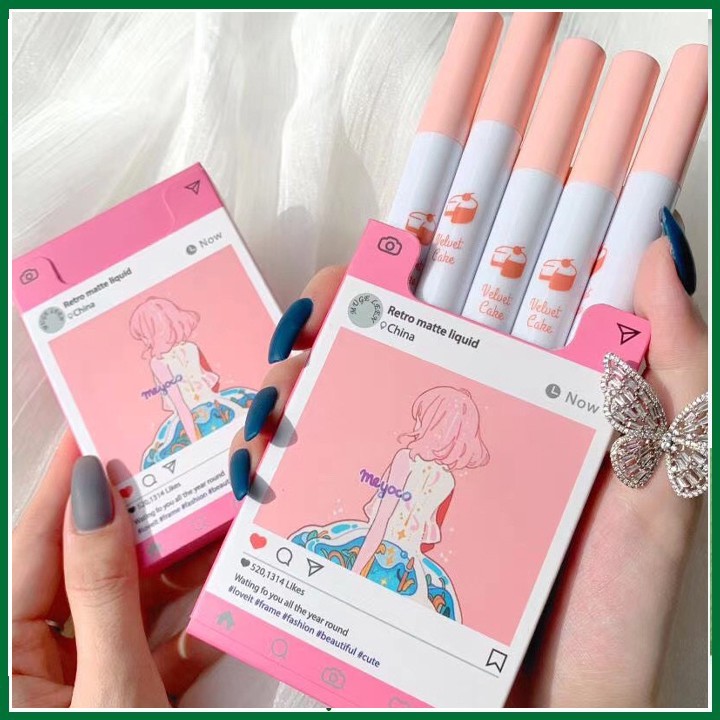 Set 5 son Mugeleen hình hộp thuốc lá , son kem cổ trang siêu lì mịn đẹp cô gái Cô Gái Meyoco Retro Matte Liquid  pink sm